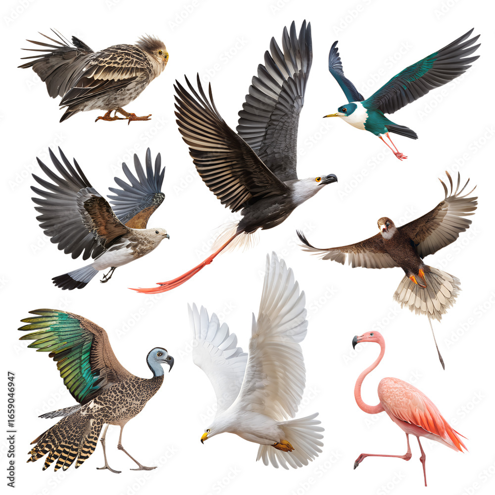 Fototapeta premium Diverse birds in flight and standing eagle falcon