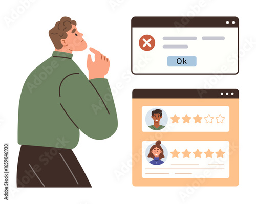 Man analyzing a pop-up error and ratings on website windows, pondering outcomes. Ideal for feedback, UX design, productivity, decision-making, quality control, software issues, customer experience