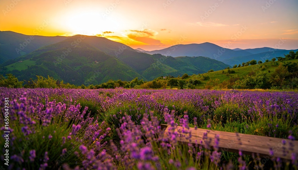 Fototapeta premium Lavender field at sunset with mountains in the background.