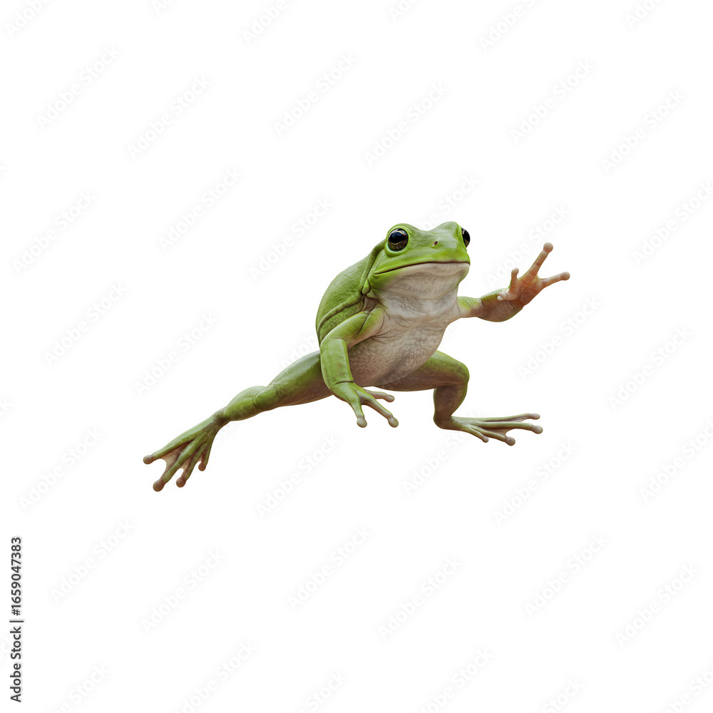 Fototapeta premium Small green frog sitting isolated on white background for amphibians, animals, nature and wildlife concepts
