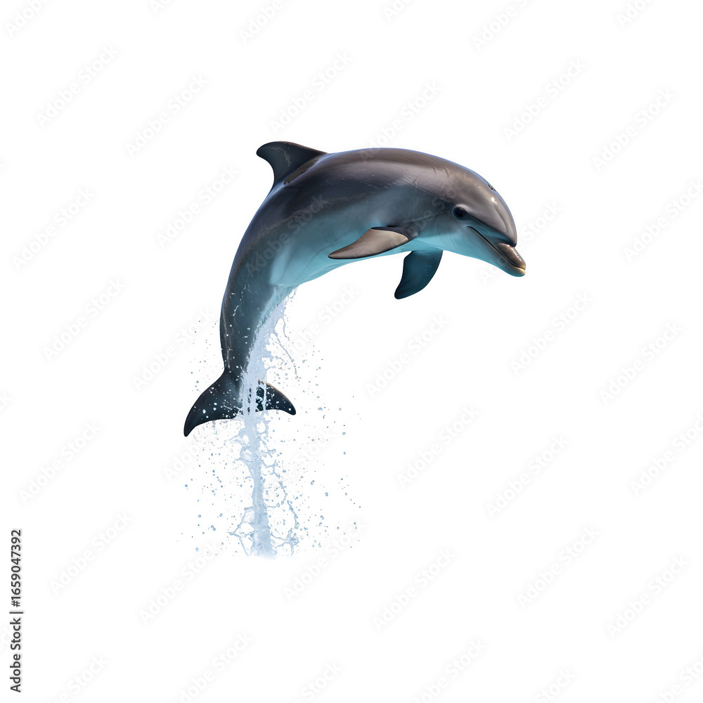 Naklejka premium Energetic dolphin jumping high out of water isolated on white background for wildlife, sea animals and ocean concepts