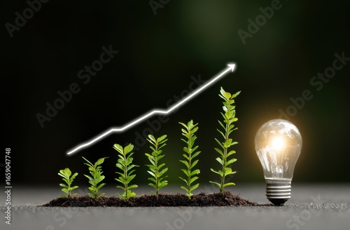 Growing Plants in a Row with a Light Bulb at the End, Symbolizing Innovation and Growth