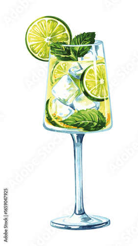 Watercolor Illustration of Hugo Spritz Cocktail