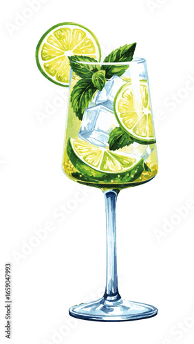 Watercolor Illustration of Hugo Spritz Cocktail