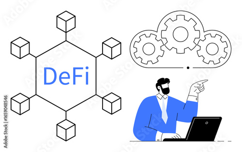 Blockchain-based decentralized finance structure connecting cubes labeled DeFi, professional analyzing cloud mechanics on laptop. Ideal for fintech, innovation, finance, technology, blockchain