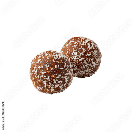 Two Delicious Homemade Coconut and Date Energy Balls on Black Background