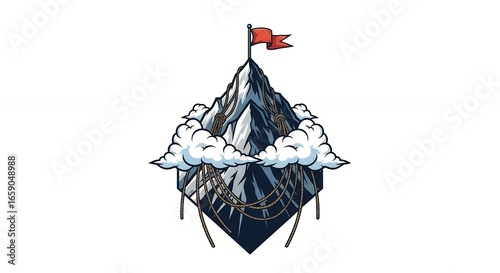 Mountain Peak with Snowy Slopes and Red Flag Surrounded by White Clouds and Climbing Ropes