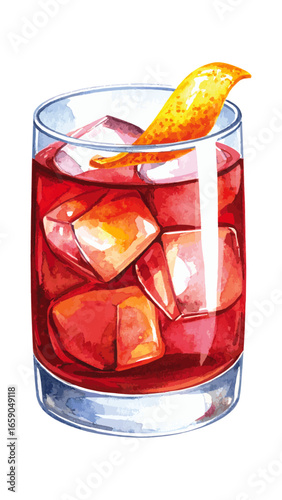 Watercolor Illustration of Negroni Cocktail – Classic Italian Drink