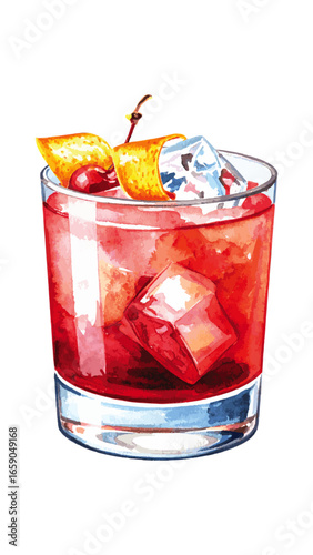Watercolor Illustration of Negroni Cocktail – Classic Italian Drink