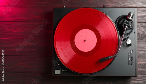 Red vinyl record player on dark wood
