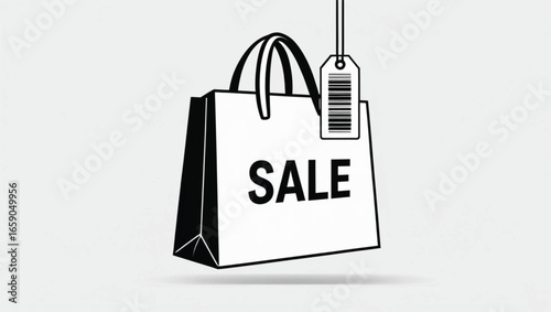 Black and white shopping bag with sale tag and barcode on light gray background discount bargain