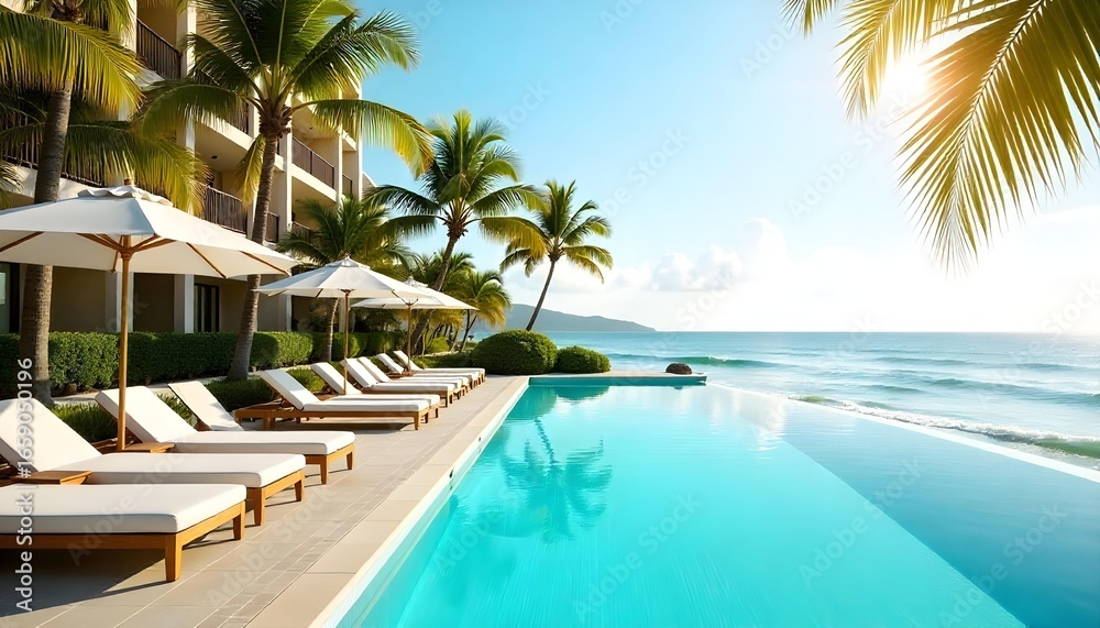 Fototapeta premium A tranquil resort pool adorned with lounge chairs and palm trees, offering a perfect escape for eco-conscious travelers