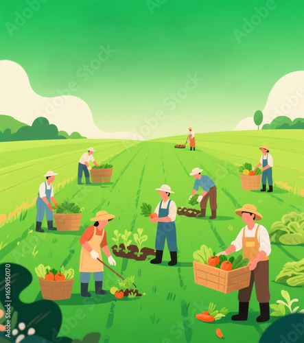 World Food Day illustration of farmers harvesting fresh vegetables in the field.eps