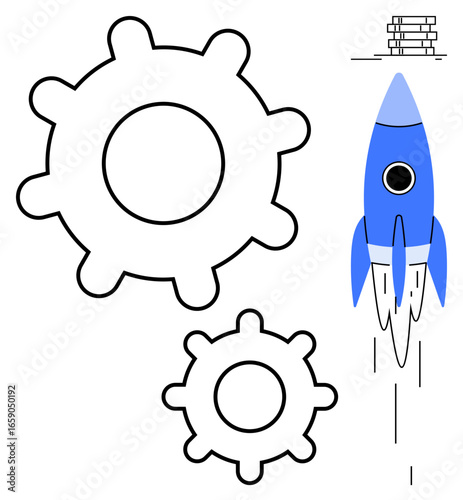 Two gears of different sizes with a blue rocket launching upwards and a stack of bricks. Ideal for technology, innovation, teamwork, growth, strategy, engineering, business progression. Simple flat