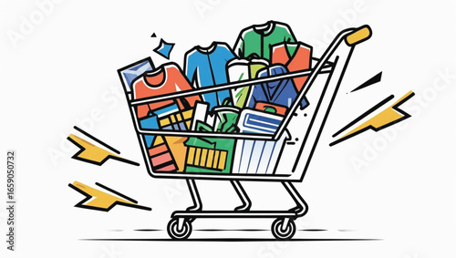 Colorful shopping cart filled with clothes and items with lightning bolts trolley groceries