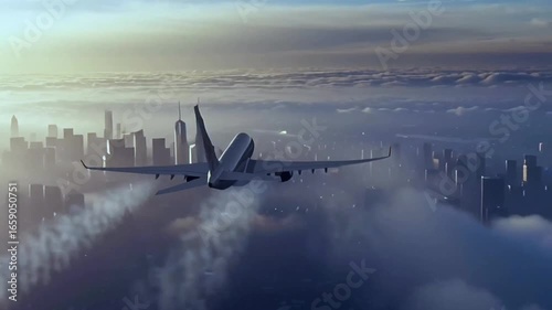airplane flying over new york city skyline at suns