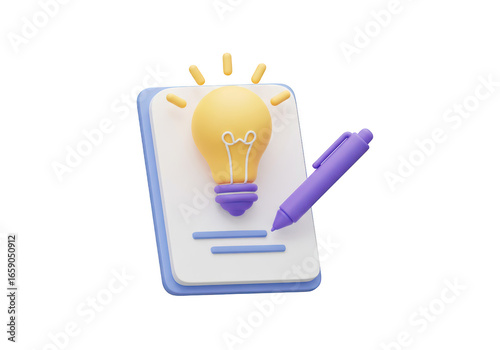 3d illustration of a document with a lightbulb and a pen, representing a new idea or innovation, isolated on transparent background