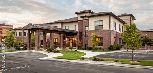 Wallpaper Mural Modern brick building stands prominently with manicured lawn and trees in front, showcasing architectural design and inviting atmosphere on a cloudy day. Torontodigital.ca