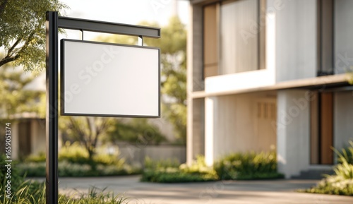 Wallpaper Mural Blank sign stands in front of modern house, awaiting customization for real estate or advertising purposes on a sunny day. Torontodigital.ca