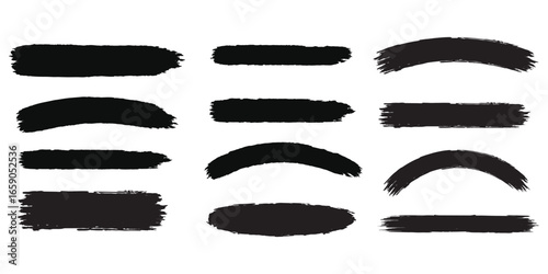 Collection of hand drawn brush stroke silhouettes on white background for graphic design