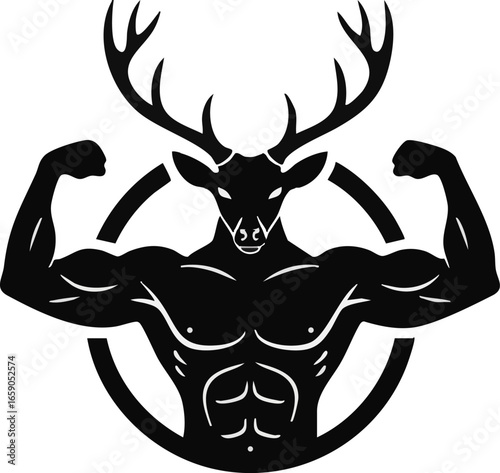 A black and white illustration of a deer head on a muscular human body flexing its biceps within a circular frame, symbolizing strength and power.