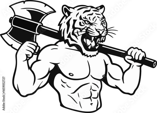 Wallpaper Mural A muscular tiger-headed figure holding an axe over its shoulder, displaying aggression. Torontodigital.ca