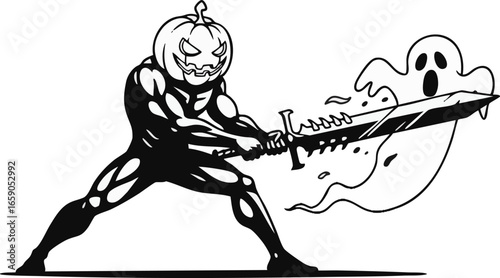 A muscular pumpkin-headed figure wielding a sword, accompanied by a spectral ghost.