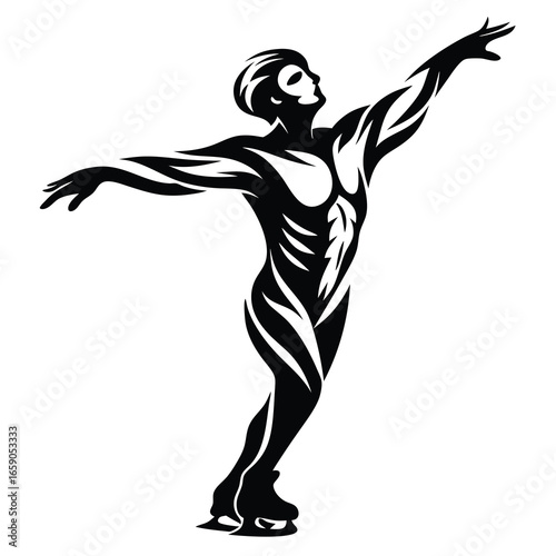 Figure skater in artistic pose, black and white artistic figure skating illustration