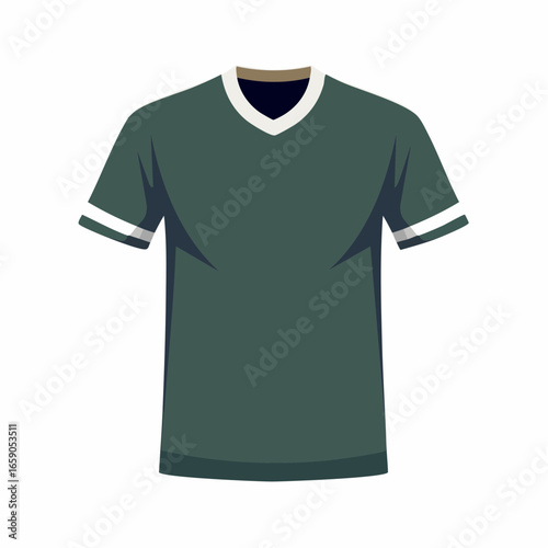 Dark Green V-neck T-Shirt with White Stripes on Sleeves, Front View, Clean Vector Illustration