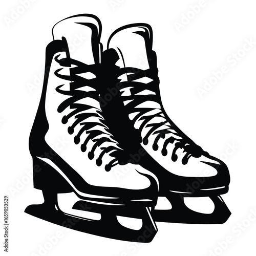 A pair of ice skates depicted in black and white illustration