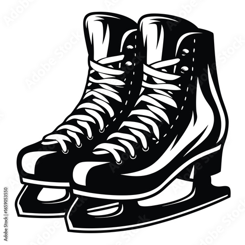 Pair of intricately detailed ice skates in a bold monochrome illustration