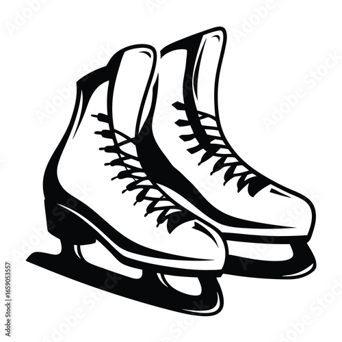 Black and White illustration of vintage ice skates for figure skating sport