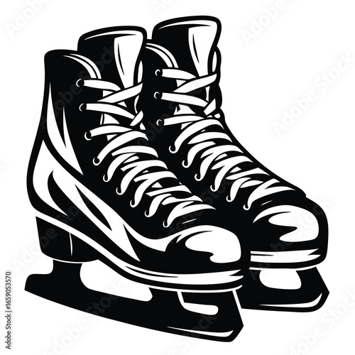 A black and white illustration depicting a pair of ice skates