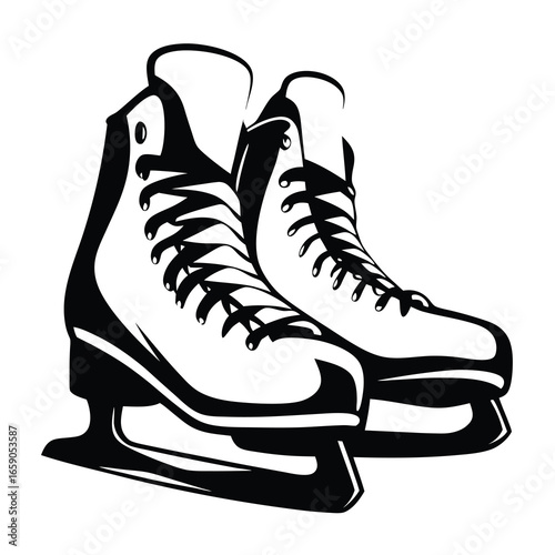 Stylized Black and White Illustration of Ice Skates Ready for Winter Fun