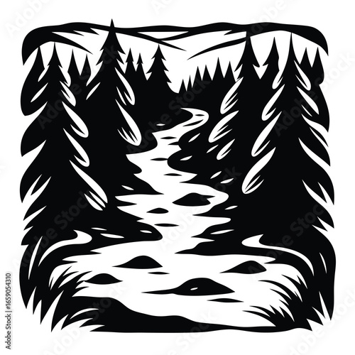 Monochrome Forest Stream Artwork Showcasing Natural Serenity and Artistic Contrast