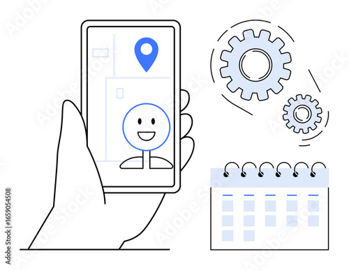 Hand holding smartphone with GPS pin, user profile, gears, and spiral calendar. Ideal for navigation, planning, schedule, settings user interface app design and digital tools. Modern simple flat