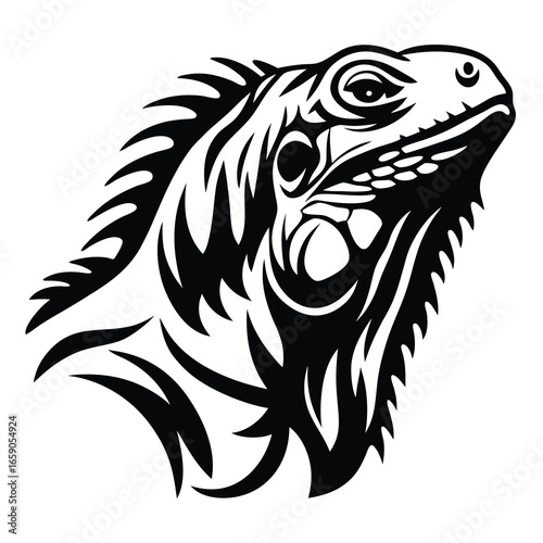 Monochrome tribal iguana lizard illustration with a stylized appearance on a white background