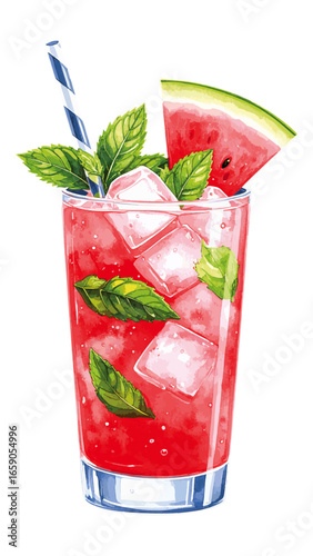 Watercolor Watermelon Mojito – Refreshing Summer Cocktail Illustration