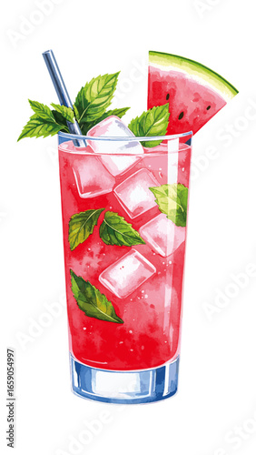 Watercolor Watermelon Mojito – Refreshing Summer Cocktail Illustration