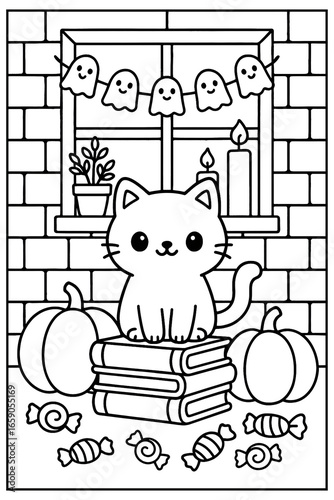 Cute Halloween Cat Coloring Page with Pumpkins, Books and Candy, candlelight, a potted plant and a festive ghost garland on a brick wall window, perfect for kids and spooky fun activities