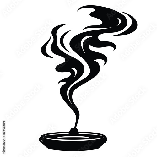 Elegant black silhouette of incense burner and smoke in white background