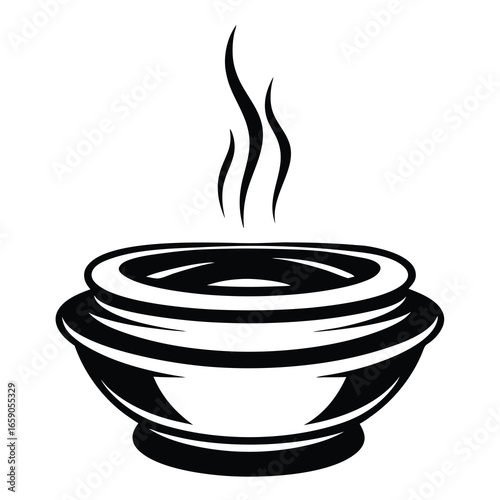 Stylized Steaming Bowl of Soup Illustration with Simple Black and White Design