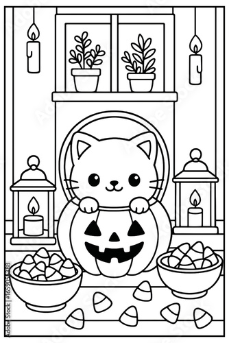 Cute Halloween Cat in Pumpkin Basket Coloring Page with Candy and Lanterns and potted plants, perfect for kids and festive activities