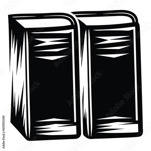 Monochrome image featuring two solid books standing closely together with geometric designs