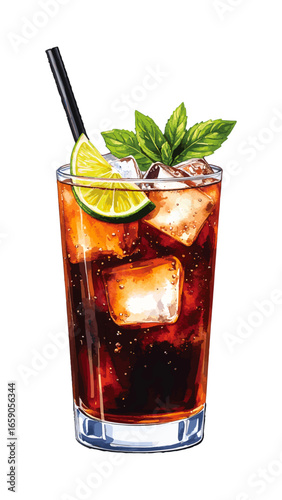 Watercolor Illustration of a Classic Cuba Libre Cocktail