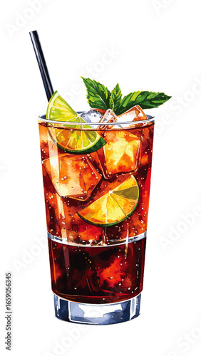 Watercolor Illustration of a Classic Cuba Libre Cocktail
