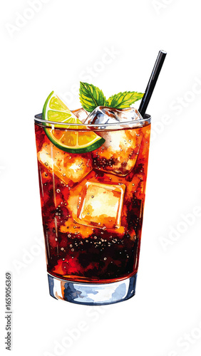 Watercolor Illustration of a Classic Cuba Libre Cocktail