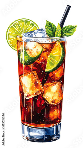 Watercolor Illustration of a Classic Cuba Libre Cocktail