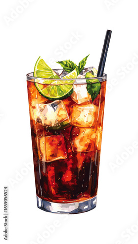 Watercolor Illustration of a Classic Cuba Libre Cocktail