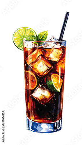 Watercolor Illustration of a Classic Cuba Libre Cocktail